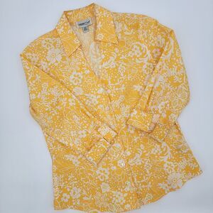 Coldwater Creek Womens Yellow Floral 3/4 Flip Cuff Sleeve V-Neck Shirt PXS